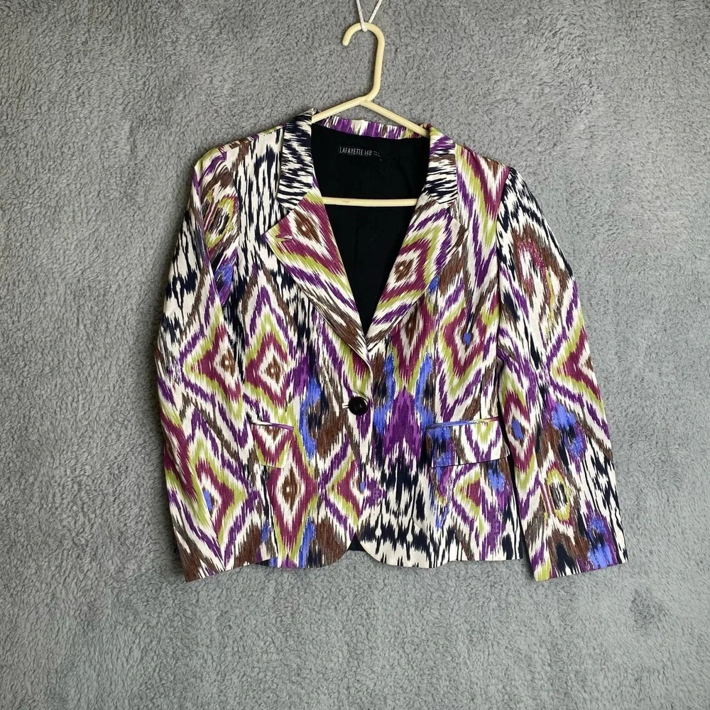 Lafayette 148 womens colorful maximalist blazer career linen silk art to wear 8